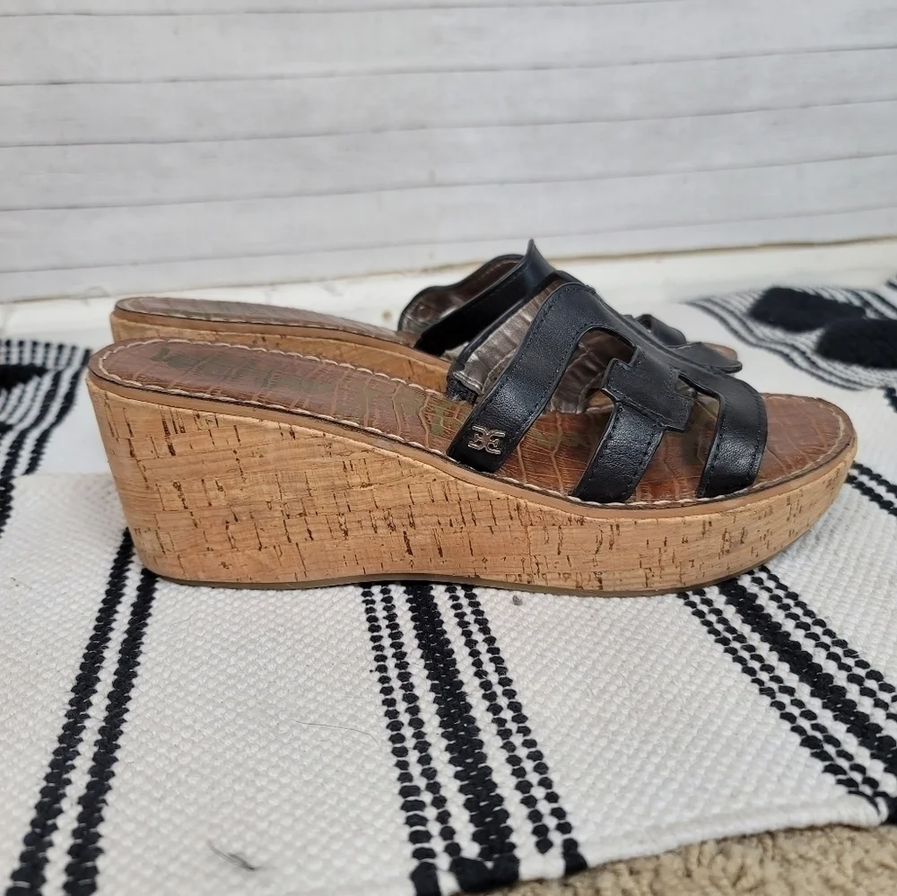 SAM EDELMAN REGIS BLACK LEATHER PLATFORM WEDGE SANDALS, SZ 9.5
